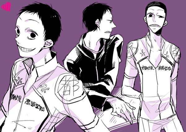 Anime picture 1000x710 with yowamushi pedal midousuji akira yomimatigai looking at viewer short hair simple background smile standing sitting looking away profile grin monochrome hands behind back purple background clenched teeth multiple persona boy uniform school uniform