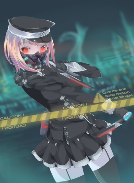 Anime picture 1301x1773 with original bonkiru single tall image looking at viewer short hair blonde hair red eyes holding pink hair pleated skirt multicolored hair two-tone hair girl thighhighs skirt gloves uniform black thighhighs black gloves