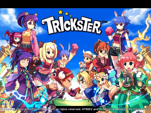 イラスト 1280x960 と trickster 赤面 前髪 短い髪 開いた口 青い目 金髪 紫目 multiple girls 緑の目 獣耳 ピンク髪 空 purple hair cloud (clouds) 赤髪 尻尾 blunt bangs eyes closed animal tail