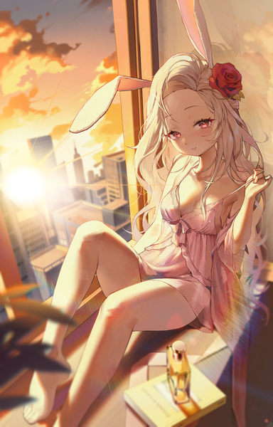 Anime-Bild 3213x5015 mit original bodiedwile single long hair tall image looking at viewer blush highres breasts light erotic red eyes sitting animal ears absurdres cloud (clouds) white hair indoors barefoot hair flower light smile
