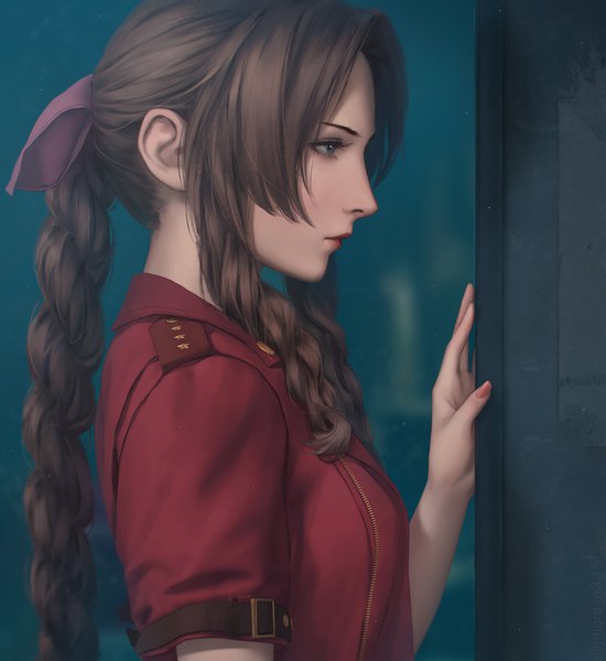 Anime picture 1426x1556 with final fantasy final fantasy vii final fantasy vii remake square enix aerith gainsborough miura-n315 single long hair tall image fringe brown hair standing green eyes payot looking away upper body braid (braids) nail polish profile arm up