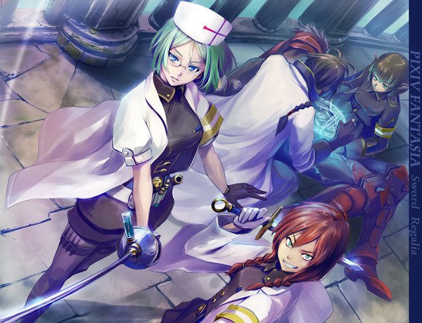 Anime picture 1079x826 with original pixiv fantasia pixiv fantasia sword regalia iceojin long hair looking at viewer fringe short hair breasts blue eyes smile brown hair multiple girls looking away lying braid (braids) aqua eyes green hair pointy ears multiple boys