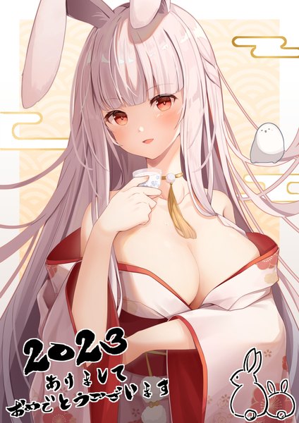 Anime-Bild 827x1169 mit original koki (latte1023) single long hair tall image blush fringe breasts light erotic red eyes large breasts animal ears silver hair blunt bangs traditional clothes japanese clothes bunny ears border bunny girl new year
