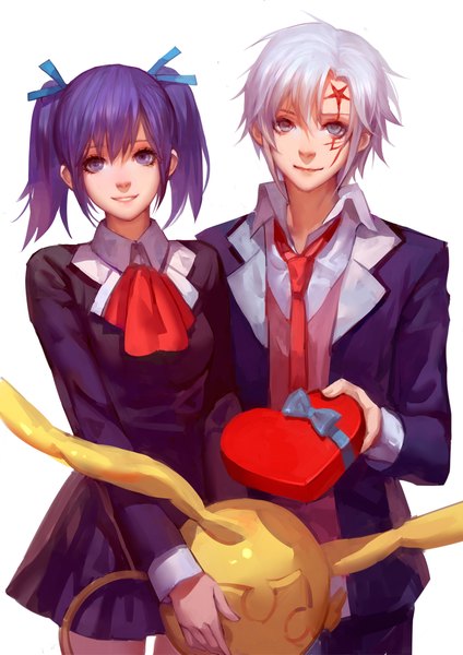 Anime picture 1500x2121 with d.gray-man allen walker lenalee lee ask (askzy) tall image looking at viewer short hair blue eyes simple background smile white background purple eyes twintails purple hair white hair facial mark short twintails valentine girl boy