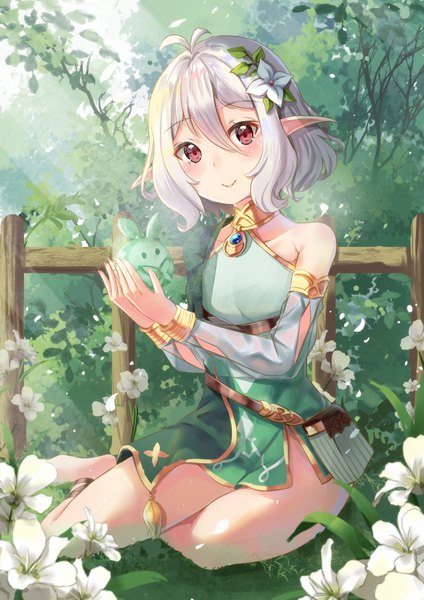 Anime picture 2480x3508 with princess connect! re:dive princess connect! kokkoro (princess connect!) holmemee single tall image looking at viewer blush fringe highres short hair smile hair between eyes red eyes sitting bare shoulders payot silver hair full body ahoge