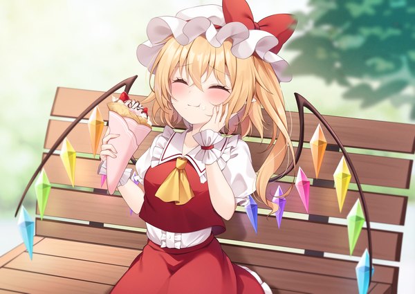 Anime picture 3541x2508 with touhou flandre scarlet sisterakuma single blush highres short hair blonde hair smile absurdres eyes closed one side up ^ ^ hand on cheek food on face girl hat wings food sweets