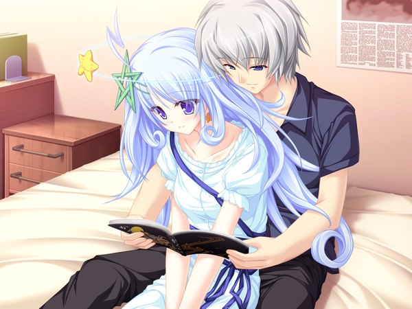 Anime picture 1600x1200 with 77 kuu (77) tenmaso long hair short hair blue eyes sitting blue hair grey hair wallpaper girl dress boy hair ornament shirt white dress pants star hair ornament room magazine