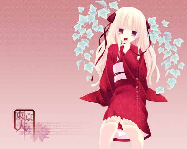Аниме картинка 1280x1024 с светлые волосы японская одежда босиком кимоно лист (листья)