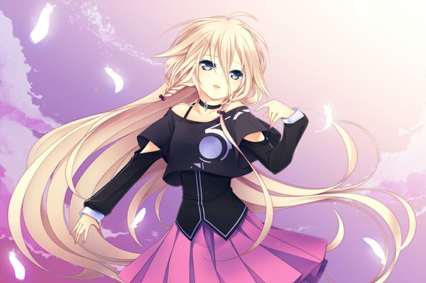 Anime picture 1000x664 with vocaloid ia (vocaloid) shiro mayu single long hair blue eyes blonde hair braid (braids) twin braids girl skirt detached sleeves miniskirt feather (feathers) pink skirt