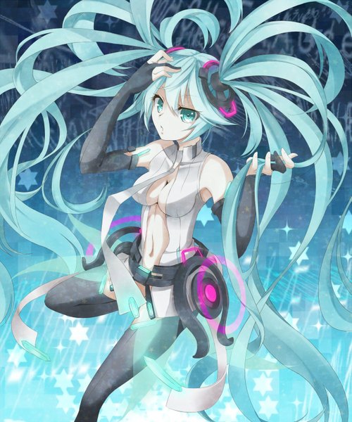 イラスト 1251x1500 と ボーカロイド vocaloid append 初音ミク 初音ミクappend 玖条イチソ ソロ 長身像 おっぱい light erotic 大きな乳房 ツインテール 肩出し very long hair aqua eyes aqua hair 女の子 ストッキング 手袋 へそ ネクタイ