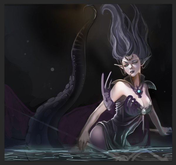 Anime picture 1294x1216 with the little mermaid disney ursula (the little mermaid) long5009 single long hair breasts light erotic black hair green eyes cleavage lips pointy ears realistic girl dress water tentacles