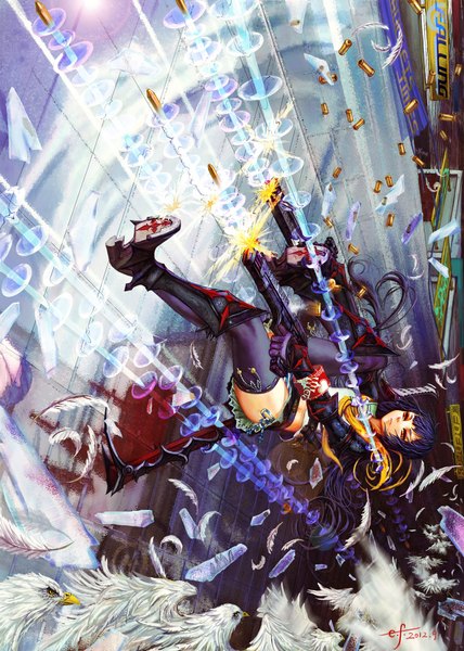 Anime picture 1426x2000 with original edenfox single long hair tall image open mouth yellow eyes looking away from above upside down falling casing ejection girl thighhighs gloves weapon black thighhighs animal boots bird (birds)