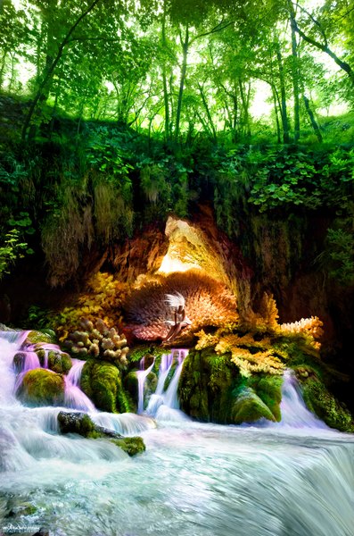 Anime picture 1200x1812 with alexiuss long hair tall image sitting white hair landscape rock waterfall 3d girl dress plant (plants) tree (trees) water white dress forest coral