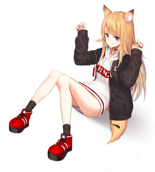 Anime picture 4500x5000 with virtual youtuber kmnz lita mc lita sugar (dndi888) single long hair tall image looking at viewer fringe highres light erotic simple background blonde hair white background sitting purple eyes animal ears payot absurdres full body