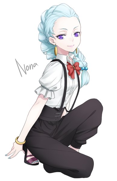 Anime picture 550x850 with death parade madhouse nona (death parade) chimachi single long hair tall image looking at viewer simple background smile white background purple eyes blue hair full body braid (braids) nail polish fingernails lips short sleeves character names