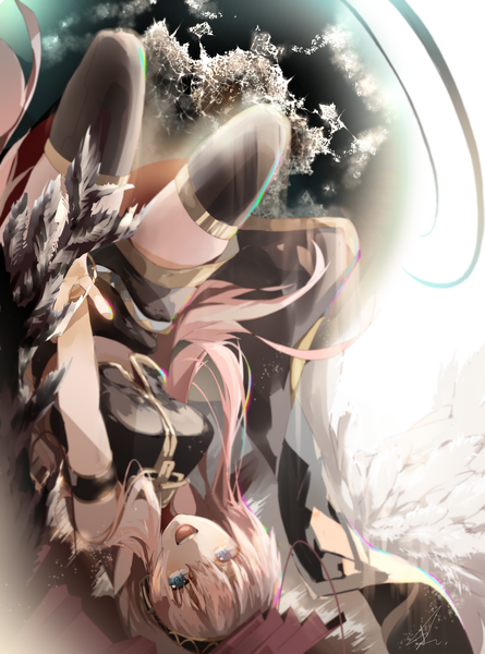 Anime picture 2255x3040 with vocaloid megurine luka saihate (d3) single long hair tall image looking at viewer fringe highres breasts open mouth blue eyes hair between eyes large breasts bare shoulders signed pink hair bent knee (knees) blurry zettai ryouiki