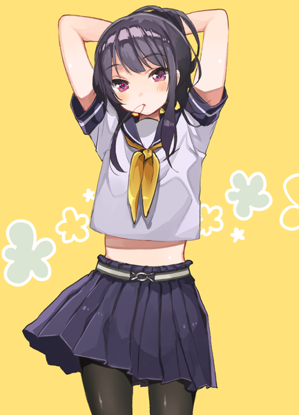Anime picture 722x1000 with original shigure ui single long hair tall image looking at viewer fringe black hair holding ponytail pleated skirt pink eyes mouth hold floral print arms behind head yellow background hair tie in mouth girl skirt uniform