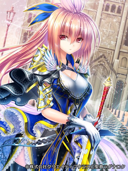 Anime picture 600x800 with seiten ragnarok pochadon single long hair tall image looking at viewer blonde hair red eyes ponytail girl dress gloves weapon sword white gloves