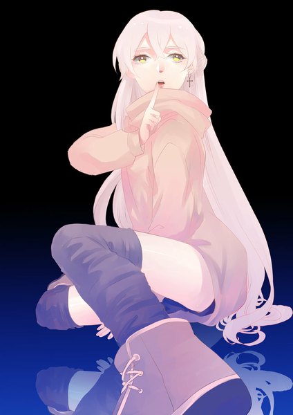 Anime picture 800x1131 with original hiruna454 long hair tall image fringe blonde hair sitting yellow eyes very long hair finger to mouth black background reflection girl thighhighs earrings boots