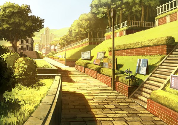 Anime picture 1000x707 with original suchfolder shadow landscape plant (plants) tree (trees) grass house