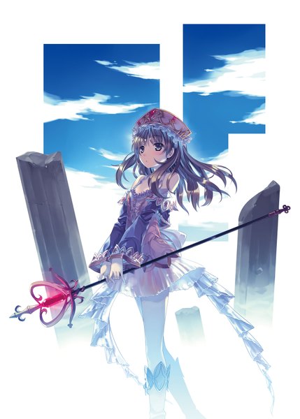 Anime picture 1296x1812 with atelier (series) gust (company) totooria helmold ooba kagerou single long hair tall image brown hair standing bare shoulders holding brown eyes sky cloud (clouds) looking up girl dress skirt detached sleeves miniskirt