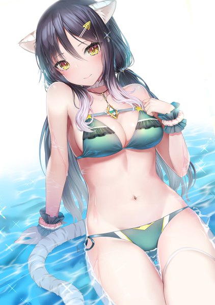 Anime picture 704x1000 with princess connect! re:dive princess connect! shiori (princess connect!) mizuya nao single long hair tall image looking at viewer blush fringe breasts light erotic black hair smile hair between eyes sitting twintails animal ears yellow eyes payot