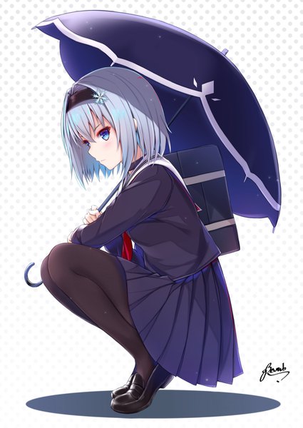 Anime picture 2508x3541 with ryuuou no oshigoto! sora ginko bee doushi single tall image blush fringe highres short hair blue eyes hair between eyes signed looking away silver hair full body pleated skirt squat polka dot polka dot background girl