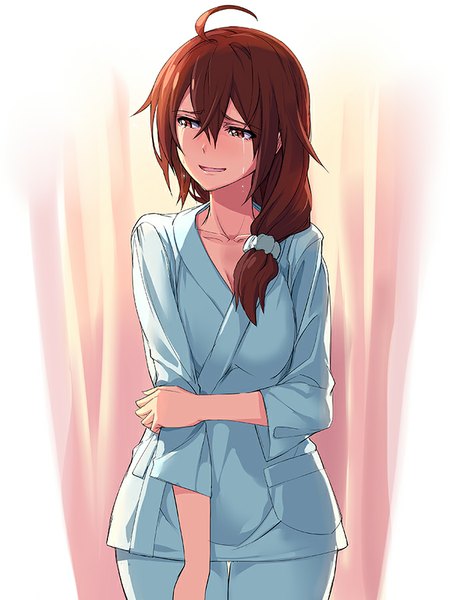 Anime picture 675x900 with vividred operation isshiki mashiro michairu single long hair tall image fringe open mouth hair between eyes brown hair standing brown eyes looking away ahoge shadow tears light eyebrows crying girl