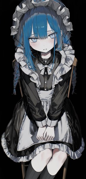 Anime picture 2440x5040 with original tekito midori single long hair tall image looking at viewer blush fringe highres blue eyes simple background hair between eyes sitting blue hair blunt bangs braid (braids) long sleeves from above maid black background