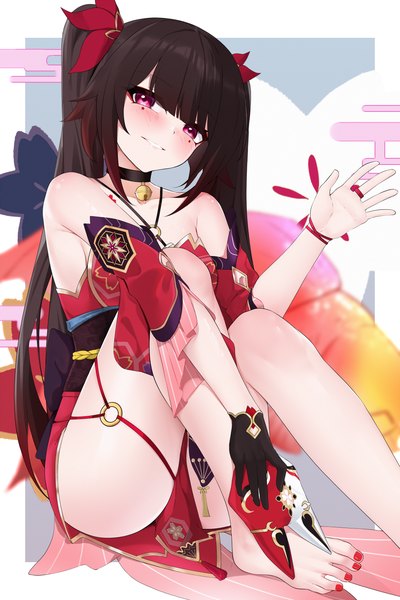 Anime picture 1968x2952 with honkai: star rail honkai (series) sparkle (honkai: star rail) zerotwenty (020) single long hair tall image looking at viewer blush fringe highres light erotic smile brown hair sitting twintails bare shoulders payot bent knee (knees) blunt bangs