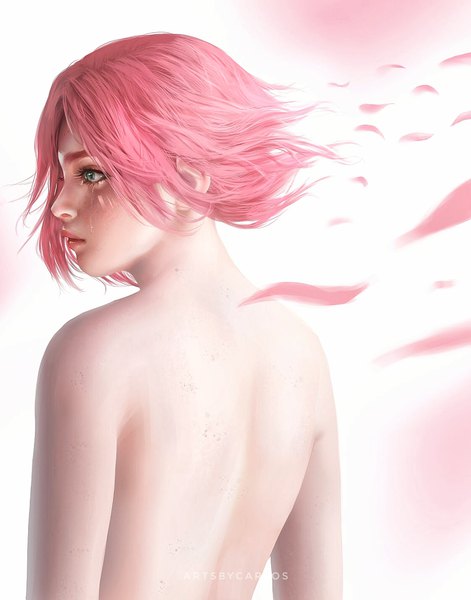 Anime picture 1122x1430 with naruto studio pierrot naruto (series) haruno sakura carlos miguel single tall image short hair light erotic green eyes signed looking away pink hair upper body profile from behind realistic tears floating hair back