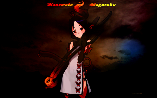 Anime picture 1280x800 with eiyuu senki kanemoto magoroku tagme (artist) single long hair looking at viewer blush black hair red eyes wide image standing sky cloud (clouds) inscription girl thighhighs dress gloves bow elbow gloves