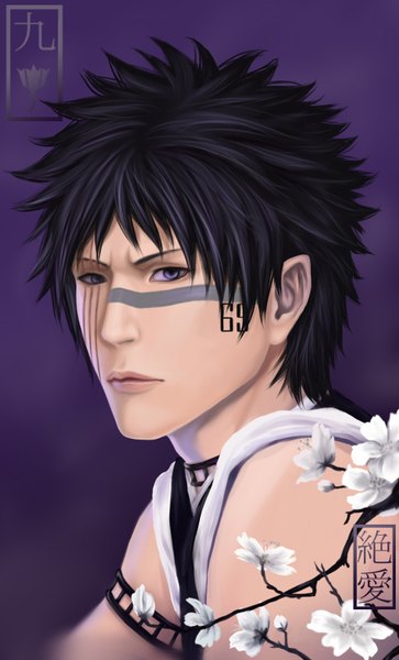 Anime picture 950x1568 with bleach studio pierrot hisagi shuuhei zetsuai89 single tall image short hair black hair simple background purple eyes lips realistic tattoo cherry blossoms hieroglyph portrait scar face purple background boy