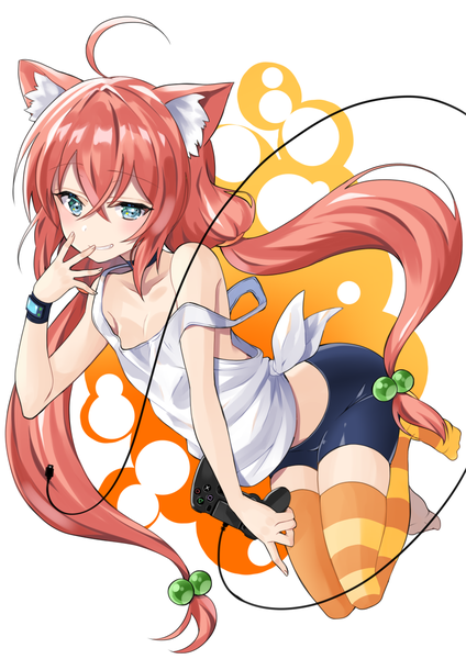 Anime picture 868x1228 with virtual youtuber hinata channel nekomiya hinata ryun025 single long hair tall image looking at viewer blush fringe breasts light erotic simple background hair between eyes white background twintails animal ears ahoge red hair aqua eyes