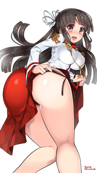 Anime picture 1024x1820 with kantai collection hiyou light aircraft carrier kuro chairo no neko single long hair tall image looking at viewer blush fringe breasts open mouth light erotic black hair simple background large breasts brown eyes ass blunt bangs traditional clothes japanese clothes