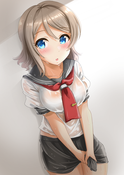 Anime picture 1360x1920 with love live! sunshine!! sunrise (studio) love live! watanabe you kibihimi single tall image looking at viewer blush fringe short hair breasts open mouth blue eyes light erotic simple background large breasts standing holding grey hair