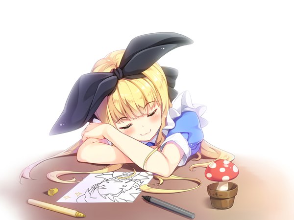 Anime-Bild 1200x900 mit virtual youtuber nijisanji mononobe alice moeki yuuta single long hair blush fringe simple background blonde hair white background blunt bangs eyes closed crossed arms sleeping drawing girl bow hair bow paper