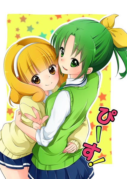 Anime picture 826x1157 with precure smile precure! toei animation kise yayoi midorikawa nao kuune rin tall image looking at viewer short hair blonde hair multiple girls green eyes yellow eyes ponytail green hair girl skirt uniform 2 girls school uniform