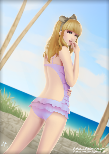 Anime picture 877x1240 with deilan12 (artist) single long hair tall image looking at viewer fringe open mouth blonde hair ass pink eyes looking back light smile from behind piercing finger to mouth ear piercing bare back girl bow swimsuit