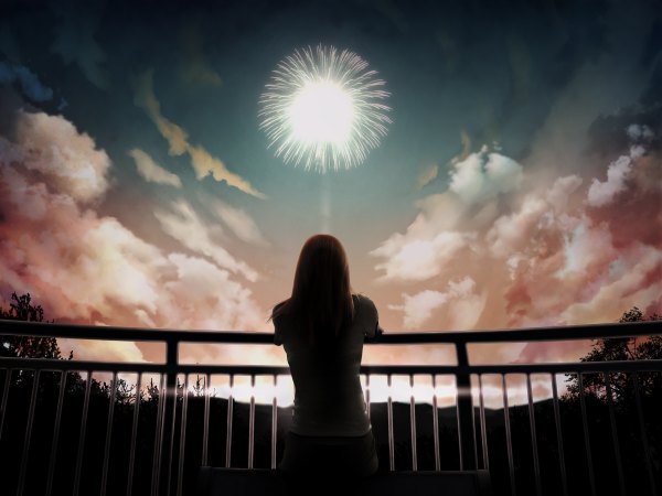Anime picture 2400x1800 with original hono mochizuki long hair highres brown hair sky cloud (clouds) back evening sunset fireworks girl candle (candles)