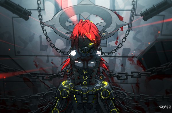 Anime picture 1200x788 with original pixiv fantasia pixiv fantasia t tian ling (qys3) qys3 single long hair fringe yellow eyes ahoge red hair torn clothes glowing glowing eye (eyes) bloody clothes injury bound hands blood stains girl blood