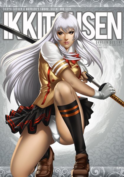 Anime picture 2100x3000 with ikkitousen chouun shiryuu juan romero single long hair tall image fringe highres light erotic looking away silver hair lips pantyshot silver eyes girl skirt gloves uniform underwear panties