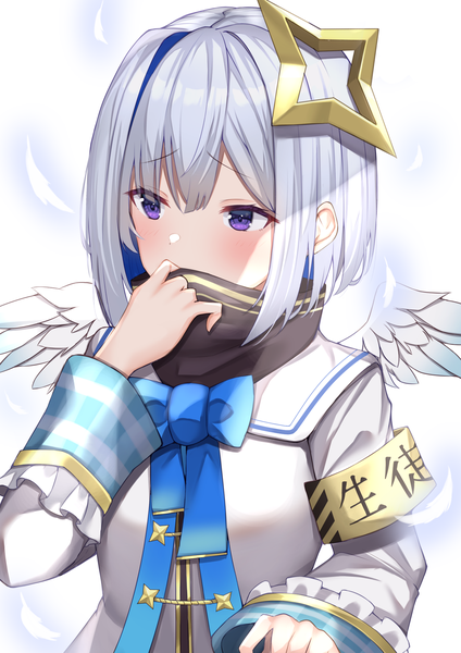 Anime picture 1500x2121 with virtual youtuber hololive amane kanata amane kanata (1st costume) menmen (ijnwfpaihpufxox) single tall image blush short hair purple eyes looking away silver hair upper body shaded face covered mouth girl wings halo feather (feathers) armband