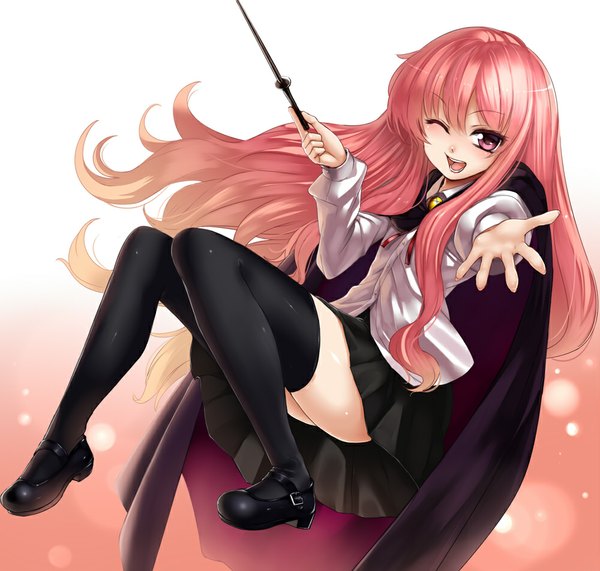 Anime picture 1000x952 with zero no tsukaima j.c. staff louise francoise le blanc de la valliere takemori shintarou single long hair looking at viewer open mouth pink hair one eye closed pink eyes wink girl thighhighs skirt black thighhighs shirt cape wand