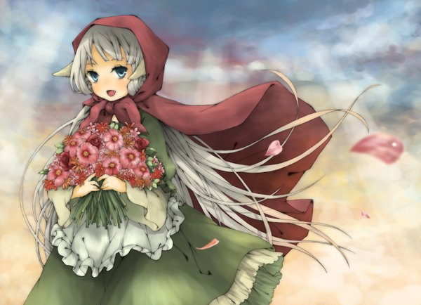 Anime picture 1450x1050 with original aquariumtama single long hair looking at viewer blush open mouth blue eyes animal ears silver hair girl dress flower (flowers) petals cape bouquet
