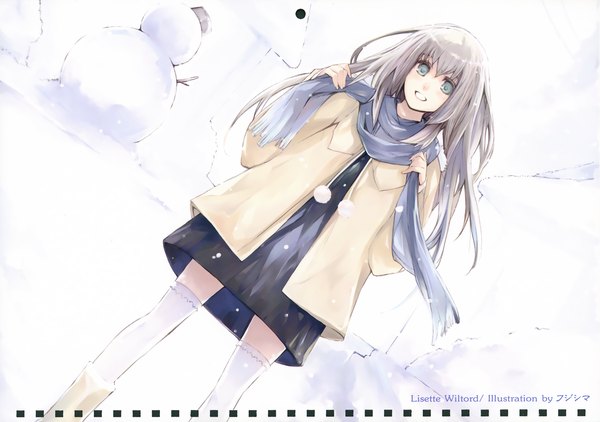 Anime picture 4061x2858 with 11 eyes doga kobo lisette vertorre single long hair highres blue eyes smile absurdres grey hair scan inscription dutch angle snowing winter snow girl thighhighs white thighhighs scarf