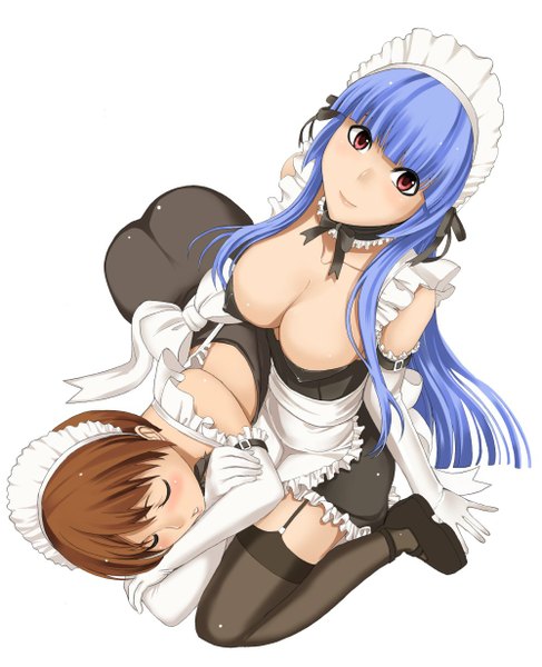 Anime picture 1000x1231 with quiz magic academy satsuki (quiz magic academy) yuu (quiz magic academy) hakaba (dairiseki) long hair tall image looking at viewer blush short hair breasts light erotic simple background smile red eyes brown hair large breasts white background multiple girls blue hair eyes closed