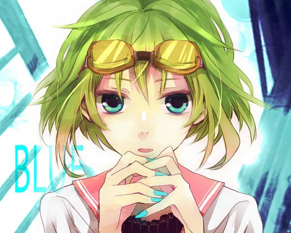 Anime picture 896x717 with vocaloid gumi musou yuchi single looking at viewer fringe short hair blue eyes nail polish fingernails green hair goggles on head aqua nail polish girl goggles