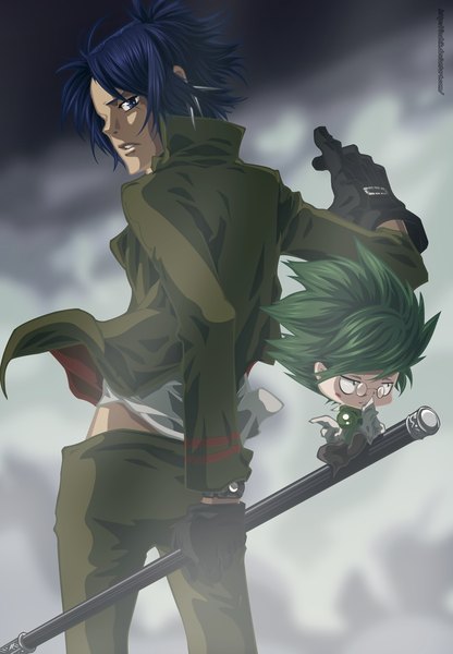 Anime picture 1000x1440 with katekyou hitman reborn rokudo mukuro verde ioshik tall image short hair blue eyes green eyes blue hair looking back green hair coloring smoke boy gloves weapon earrings glasses staff