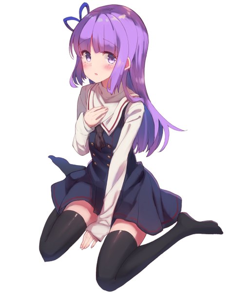Anime picture 1024x1324 with aikatsu! hikami sumire makiss012 ak single long hair tall image looking at viewer blush open mouth simple background white background sitting purple eyes purple hair :o zettai ryouiki hand on chest wariza girl thighhighs